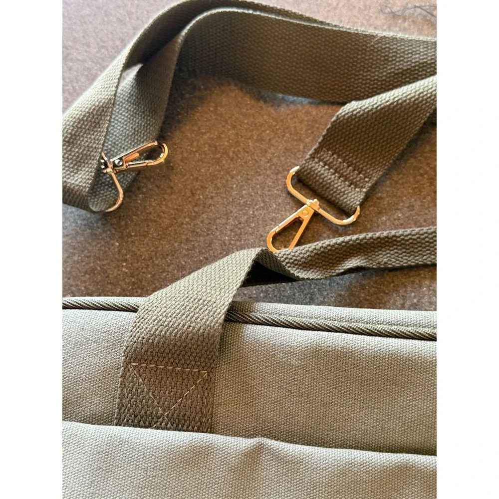 Lulu Canvas Messenger Laptop Bag Olive Green Burgundy Gold Buckle Briefcase